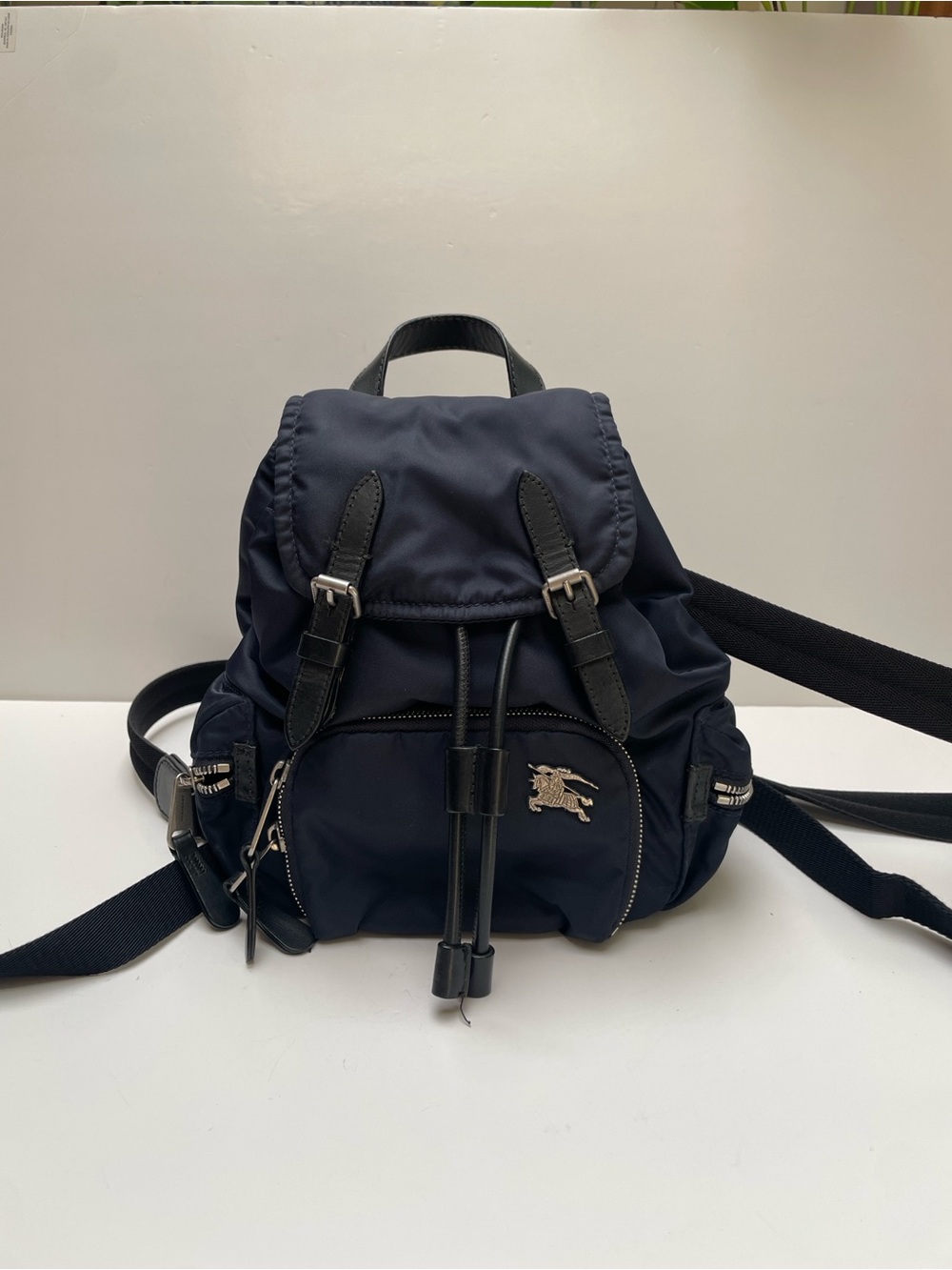 Burberry Navy Nylon Drawstring Mini Backpack with Leather Trim